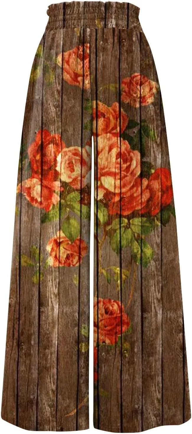Basysin Flowy Pants for Women Summer Wide Leg Palazzo Pants High Waist Pockets Floral Print Casual Lounge Boho Beach Trousers