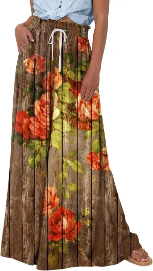 Basysin Flowy Pants for Women Summer Wide Leg Palazzo Pants High Waist Pockets Floral Print Casual Lounge Boho Beach Trousers