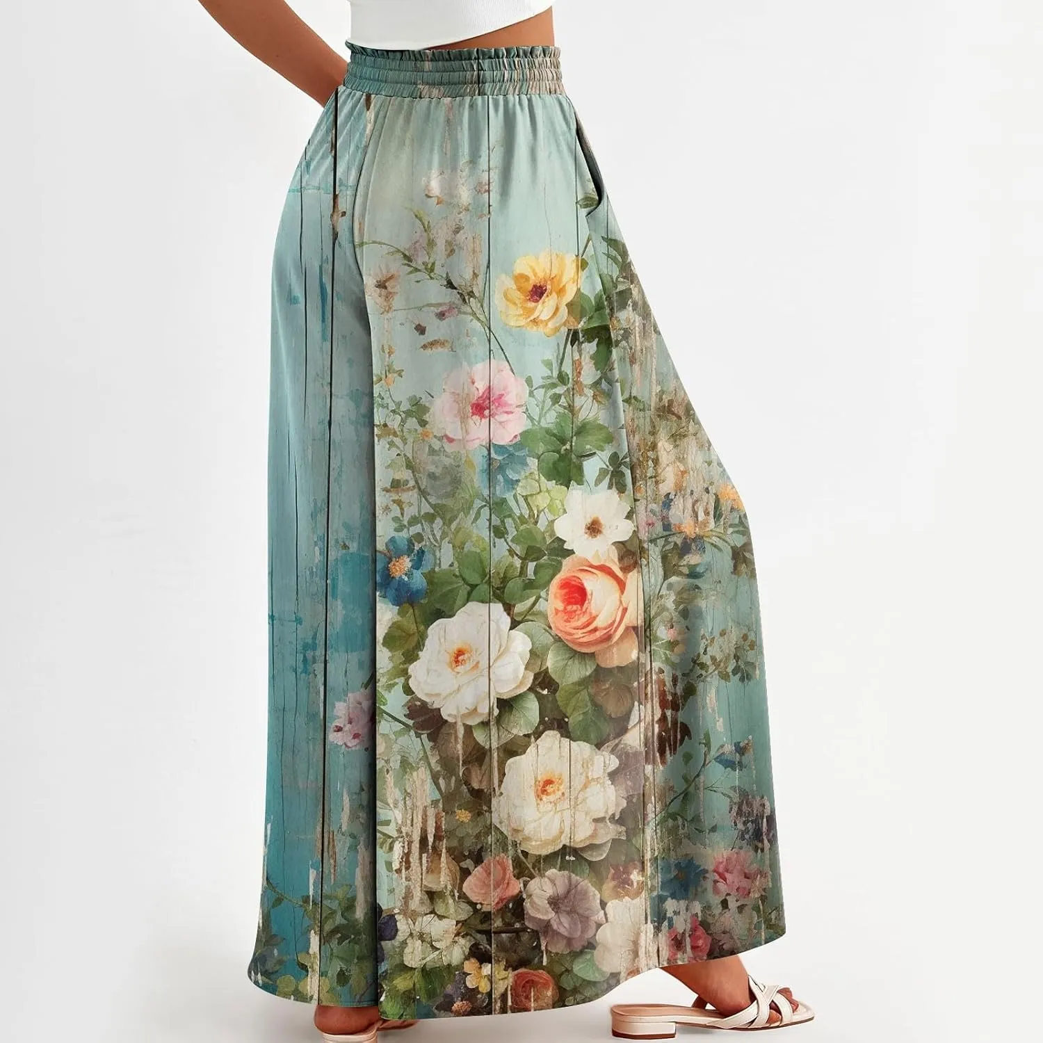 Basysin Flowy Pants for Women Summer Wide Leg Palazzo Pants High Waist Pockets Floral Print Casual Lounge Boho Beach Trousers