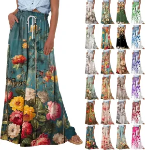 Basysin Flowy Pants for Women Summer Wide Leg Palazzo Pants High Waist Pockets Floral Print Casual Lounge Boho Beach Trousers