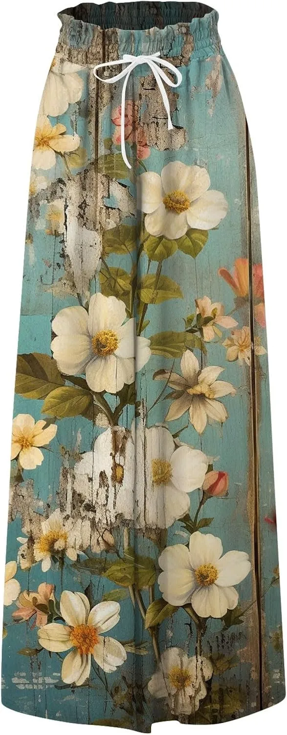 Basysin Flowy Pants for Women Summer Wide Leg Palazzo Pants High Waist Pockets Floral Print Casual Lounge Boho Beach Trousers