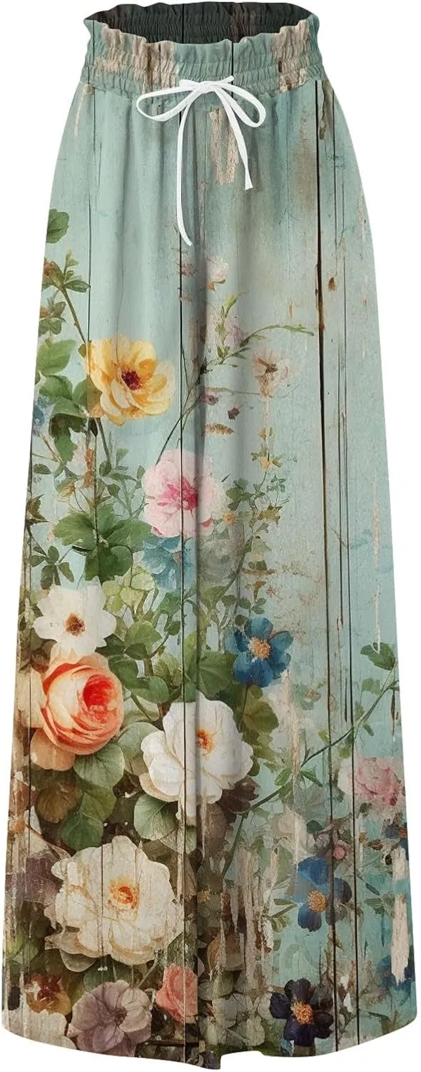 Basysin Flowy Pants for Women Summer Wide Leg Palazzo Pants High Waist Pockets Floral Print Casual Lounge Boho Beach Trousers