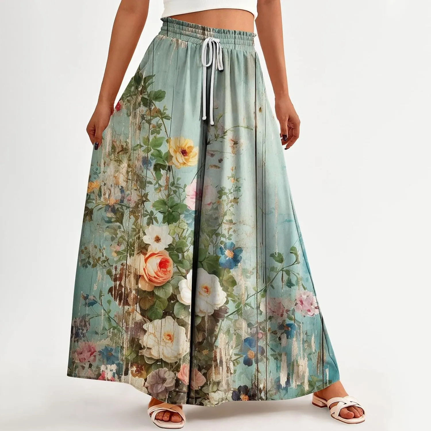 Basysin Flowy Pants for Women Summer Wide Leg Palazzo Pants High Waist Pockets Floral Print Casual Lounge Boho Beach Trousers