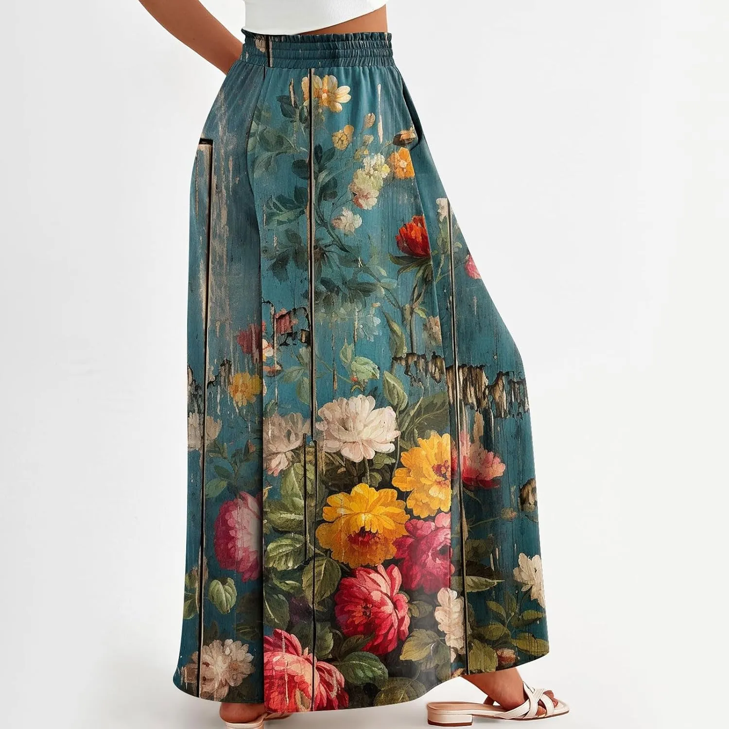 Basysin Flowy Pants for Women Summer Wide Leg Palazzo Pants High Waist Pockets Floral Print Casual Lounge Boho Beach Trousers