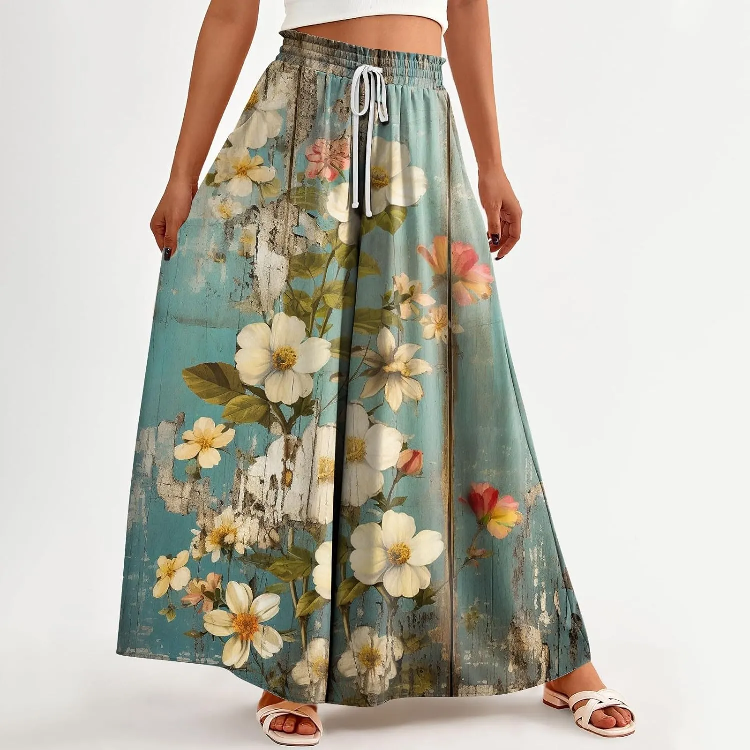 Basysin Flowy Pants for Women Summer Wide Leg Palazzo Pants High Waist Pockets Floral Print Casual Lounge Boho Beach Trousers