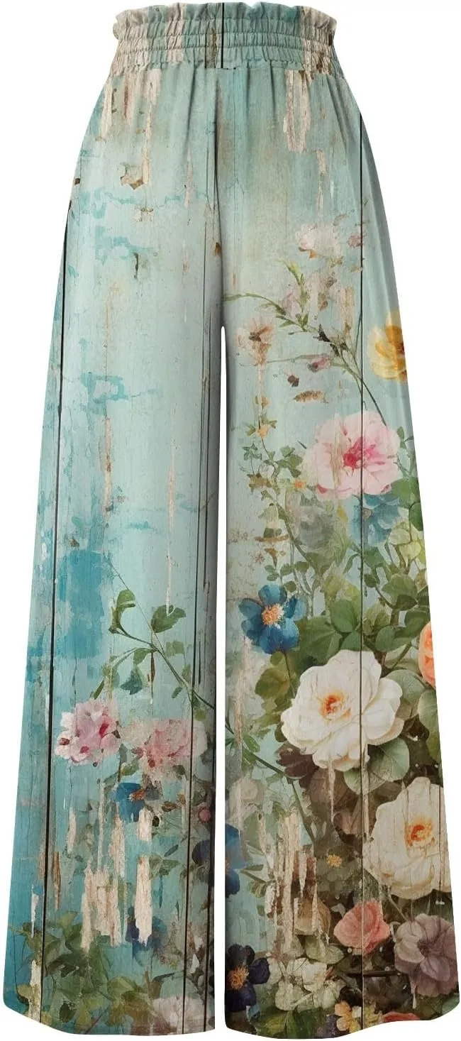 Basysin Flowy Pants for Women Summer Wide Leg Palazzo Pants High Waist Pockets Floral Print Casual Lounge Boho Beach Trousers