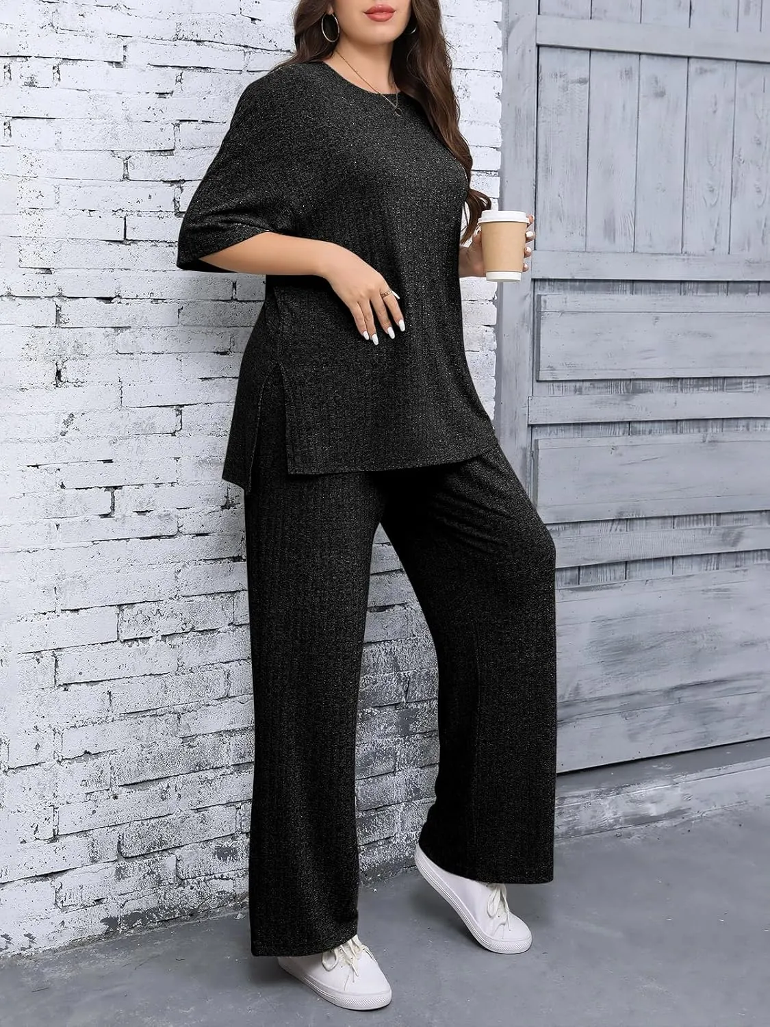 Beautife Womens Plus Size Lounge Sets Short Sleeve Tops and Wide Leg Pants Airport Travel 2 Piece Outfits Tracksuit