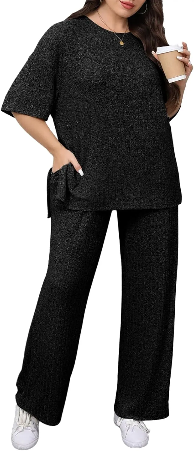 Beautife Womens Plus Size Lounge Sets Short Sleeve Tops and Wide Leg Pants Airport Travel 2 Piece Outfits Tracksuit