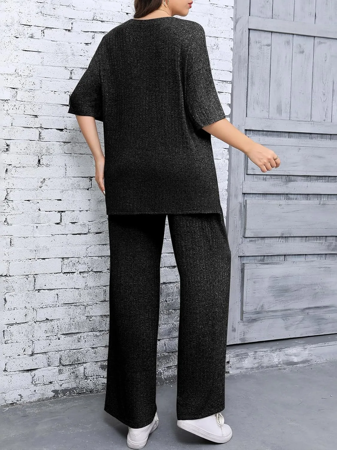 Beautife Womens Plus Size Lounge Sets Short Sleeve Tops and Wide Leg Pants Airport Travel 2 Piece Outfits Tracksuit