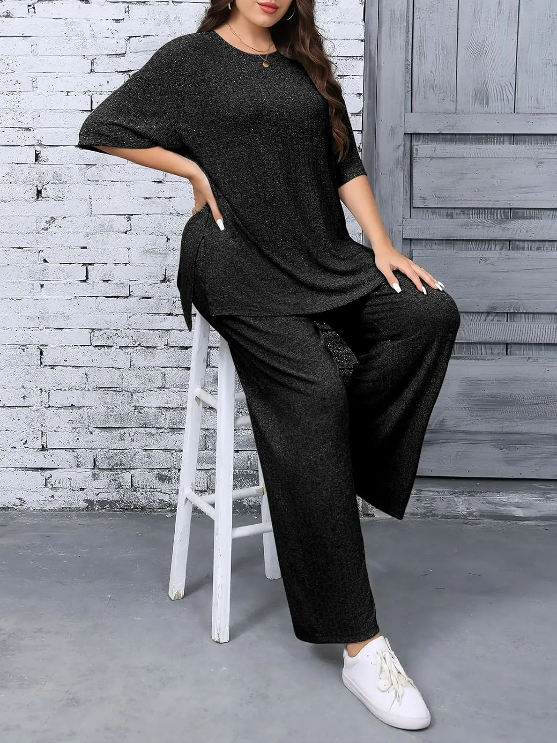 Beautife Womens Plus Size Lounge Sets Short Sleeve Tops and Wide Leg Pants Airport Travel 2 Piece Outfits Tracksuit