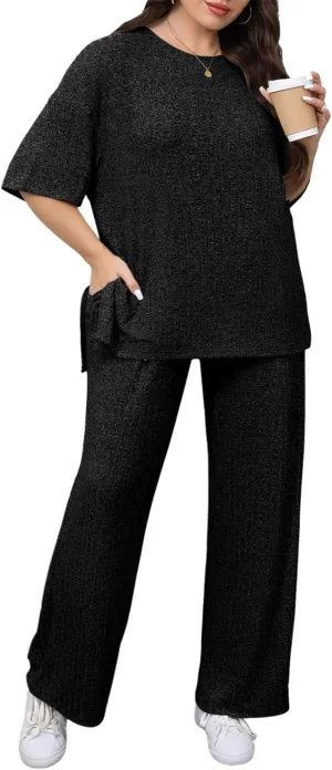 Beautife Womens Plus Size Lounge Sets Short Sleeve Tops and Wide Leg Pants Airport Travel 2 Piece Outfits Tracksuit