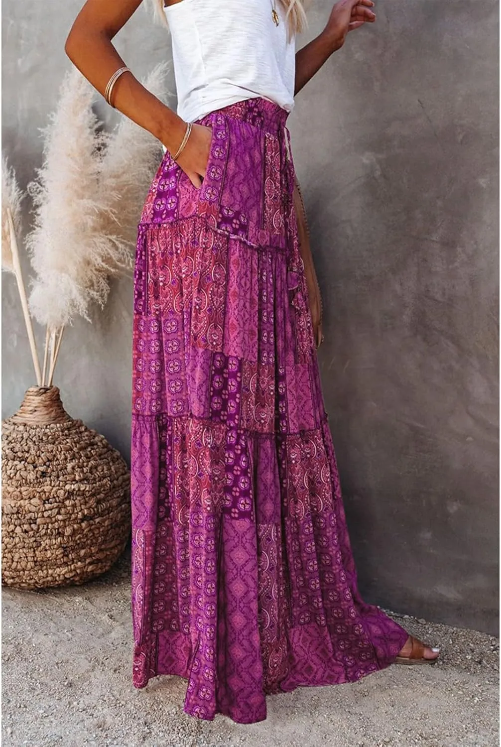 Bohemian Long Skirts Women's Flowy High Waist A Line Summer Pleated Maxi Skirts for Women with Pockets Drawstring