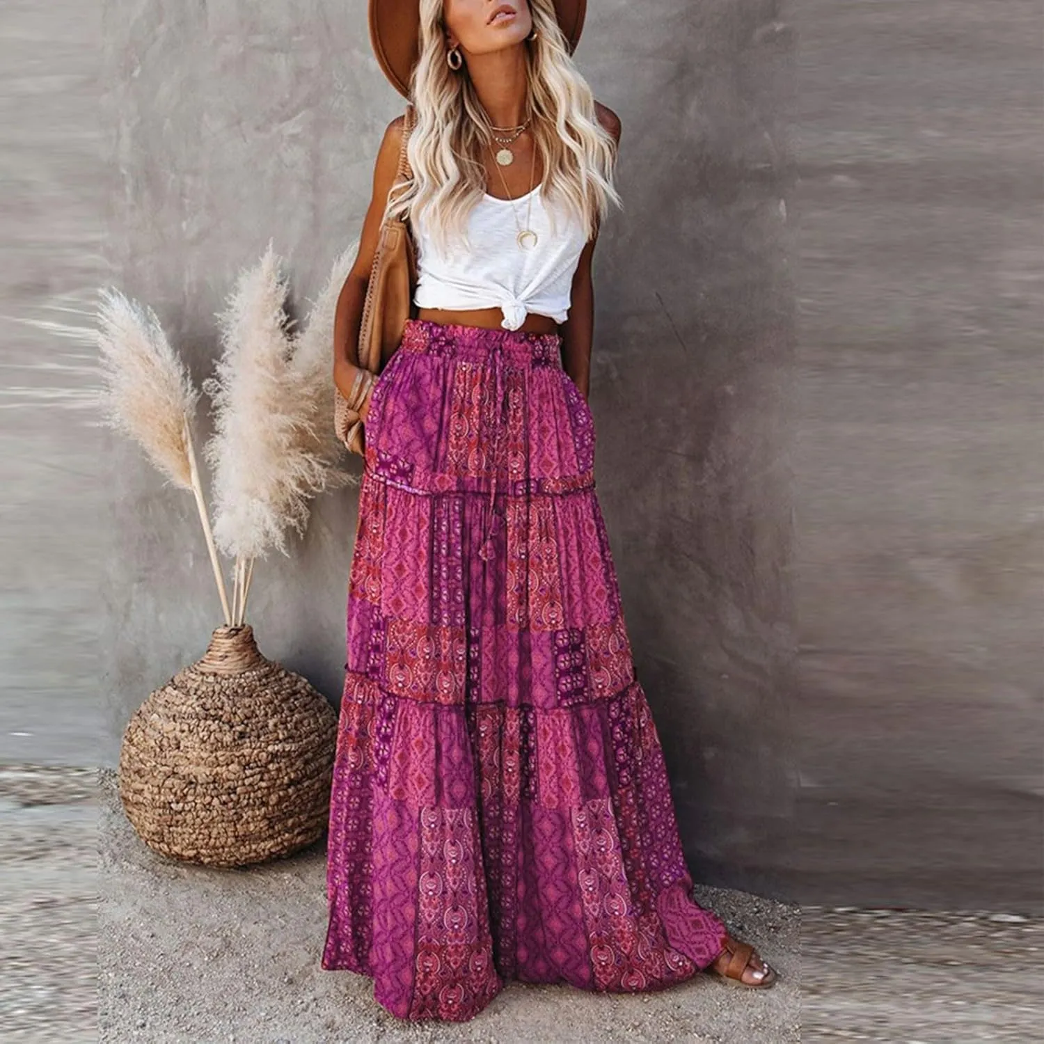 Bohemian Long Skirts Women's Flowy High Waist A Line Summer Pleated Maxi Skirts for Women with Pockets Drawstring