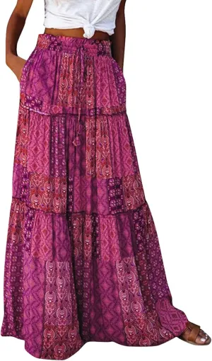 Bohemian Long Skirts Women's Flowy High Waist A Line Summer Pleated Maxi Skirts for Women with Pockets Drawstring