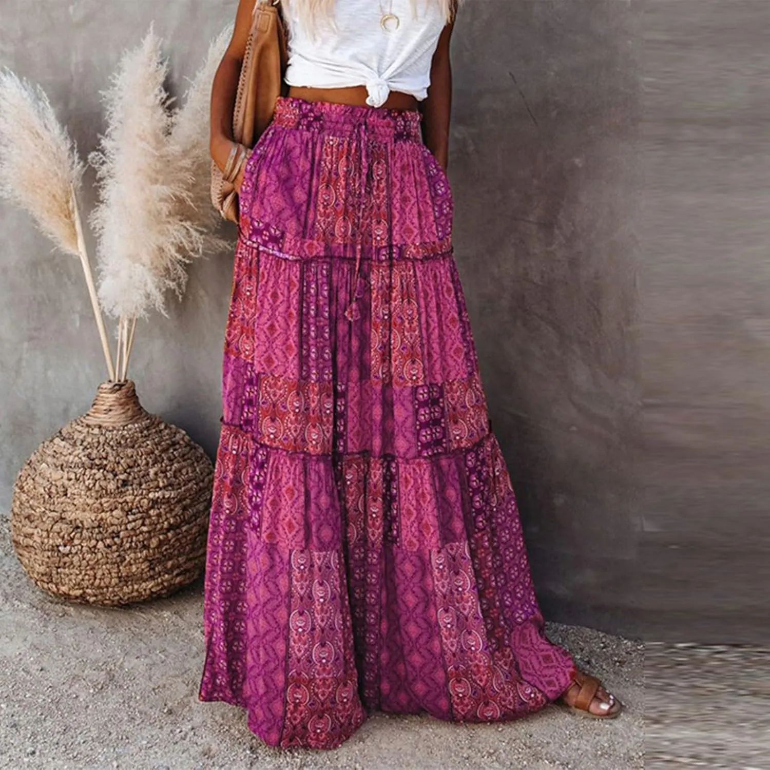 Bohemian Long Skirts Women's Flowy High Waist A Line Summer Pleated Maxi Skirts for Women with Pockets Drawstring