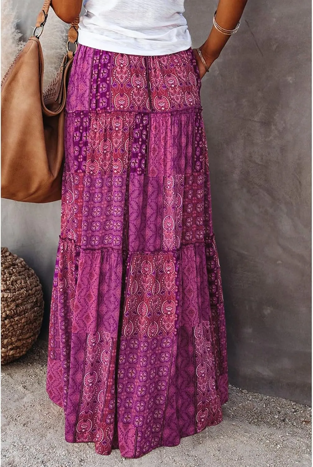 Bohemian Long Skirts Women's Flowy High Waist A Line Summer Pleated Maxi Skirts for Women with Pockets Drawstring