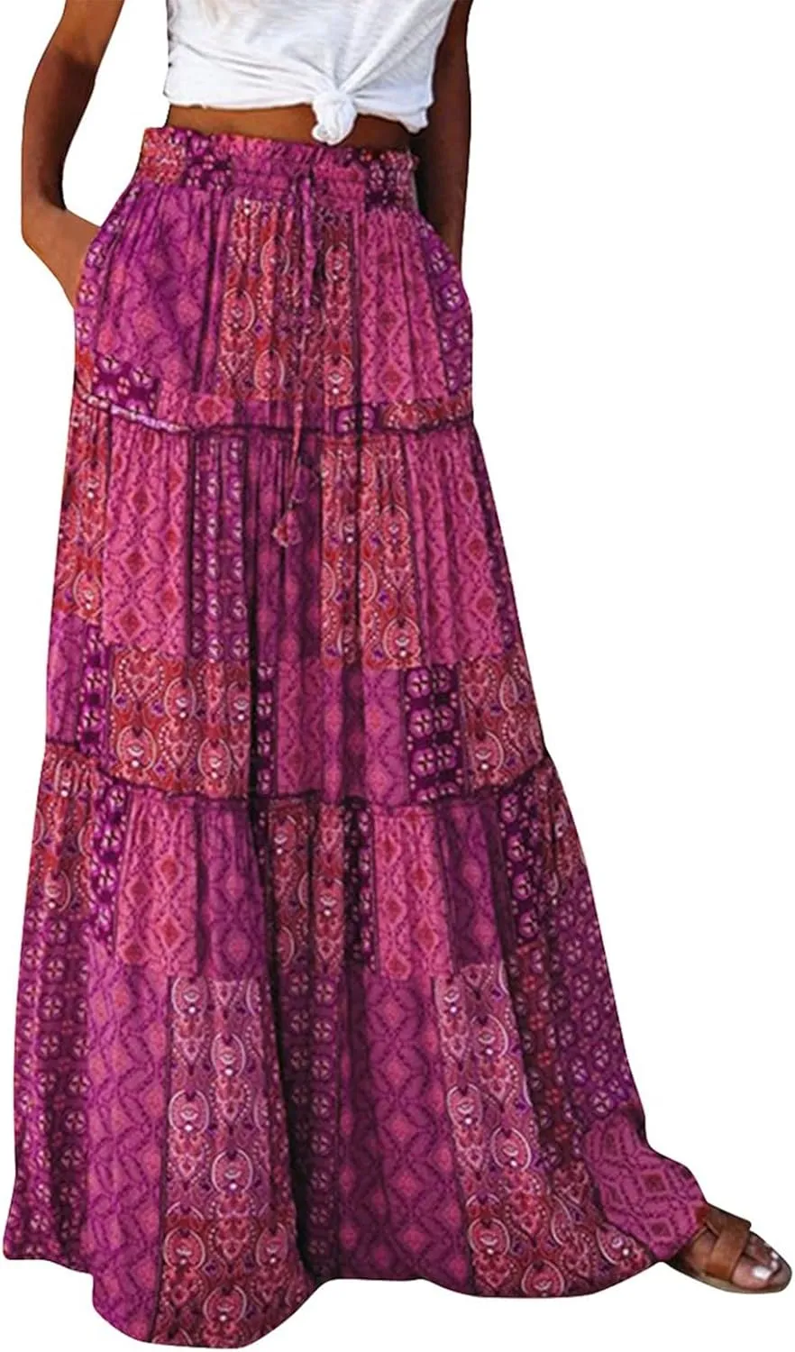 Bohemian Long Skirts Women's Flowy High Waist A Line Summer Pleated Maxi Skirts for Women with Pockets Drawstring
