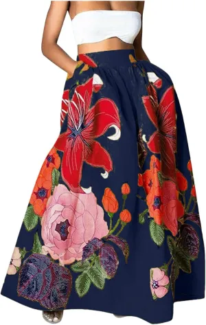 Boho Skirts for Women 2025 Maxi Summer Trendy Beach Floral Printed Elastic High Waisted A Line Long Bubble Skirts