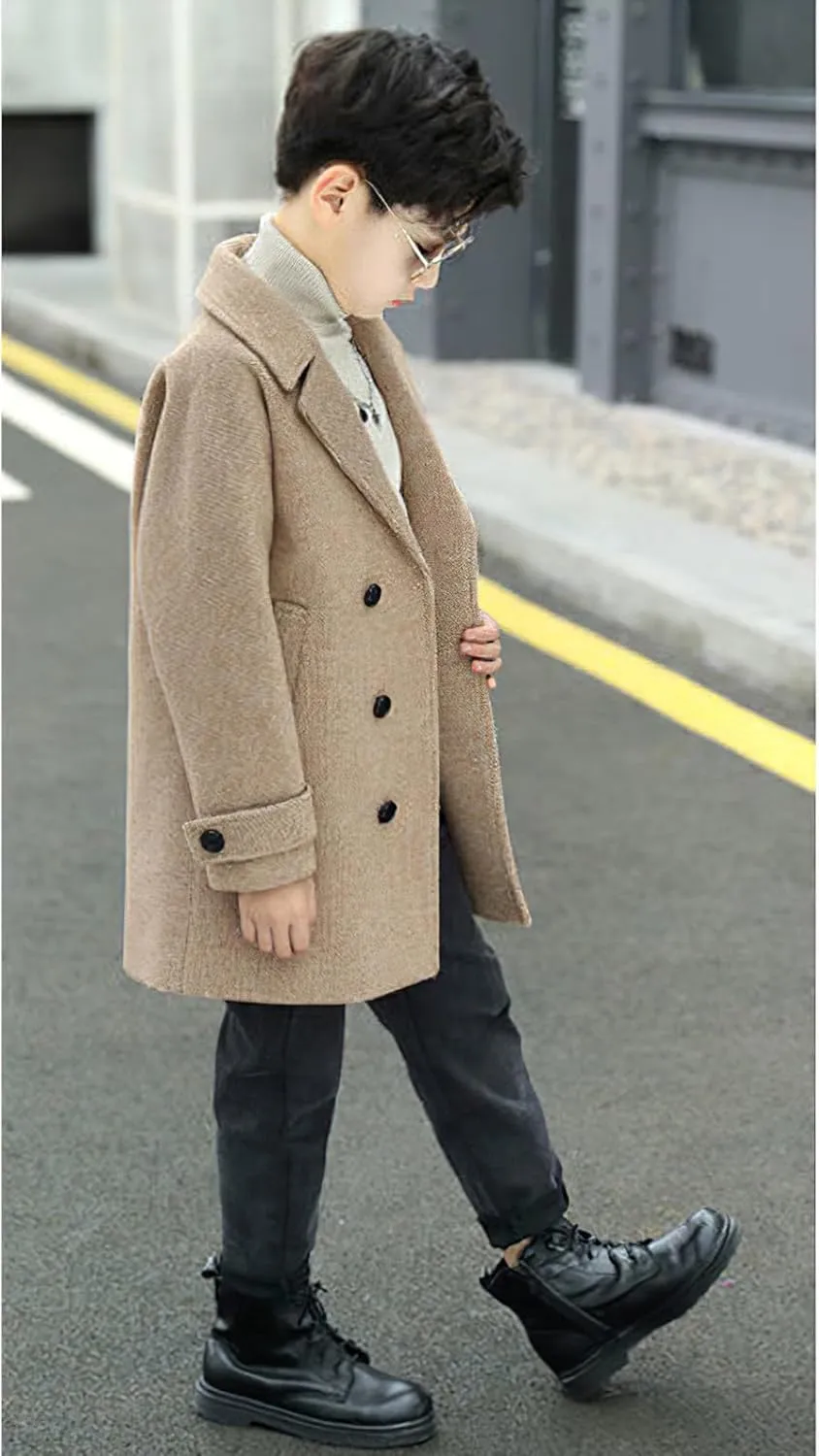 Boys Peacoat Notch Lapel Double Breasted Trench Coat Classic Winter Jacket for 3-10 Years