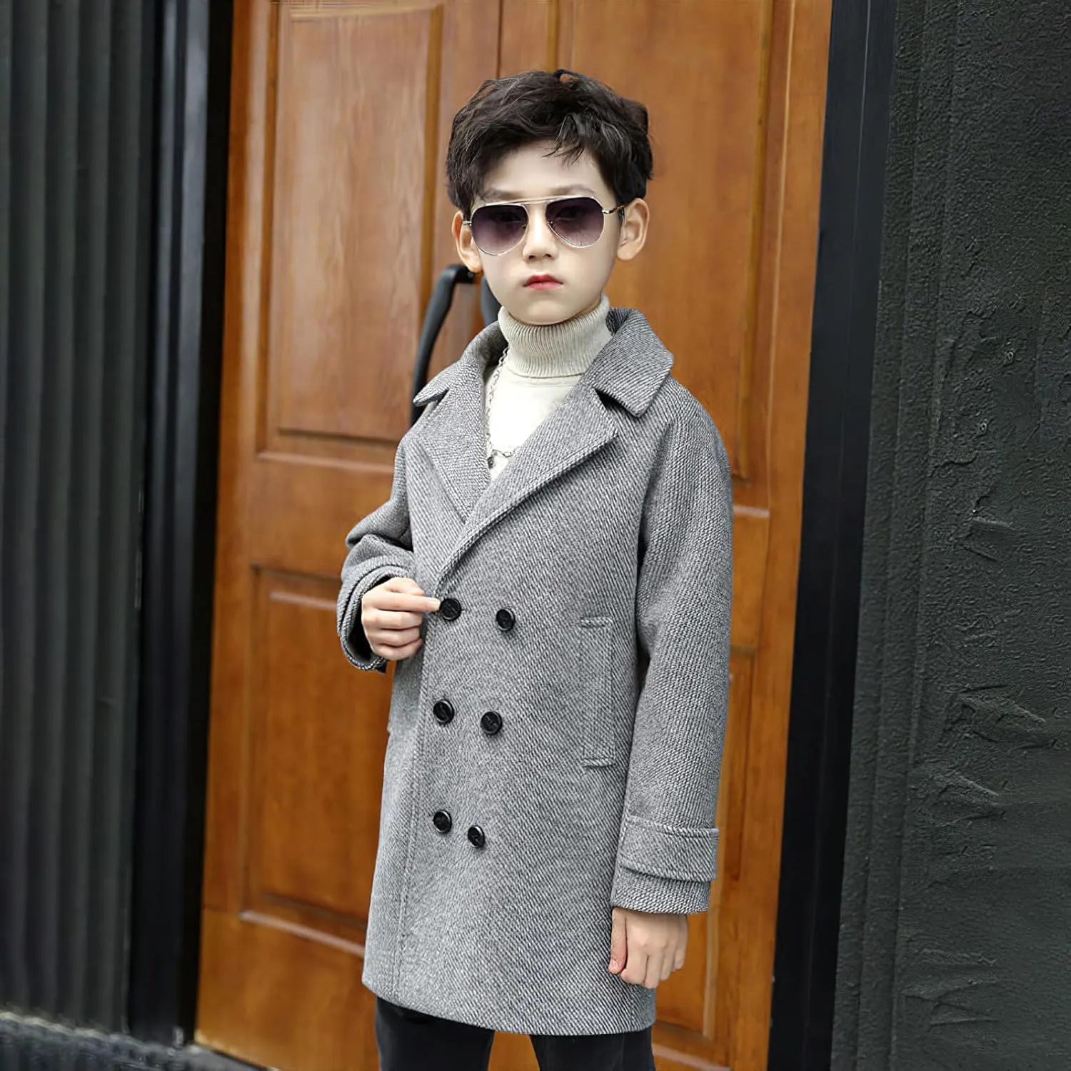Boys Peacoat Notch Lapel Double Breasted Trench Coat Classic Winter Jacket for 3-10 Years