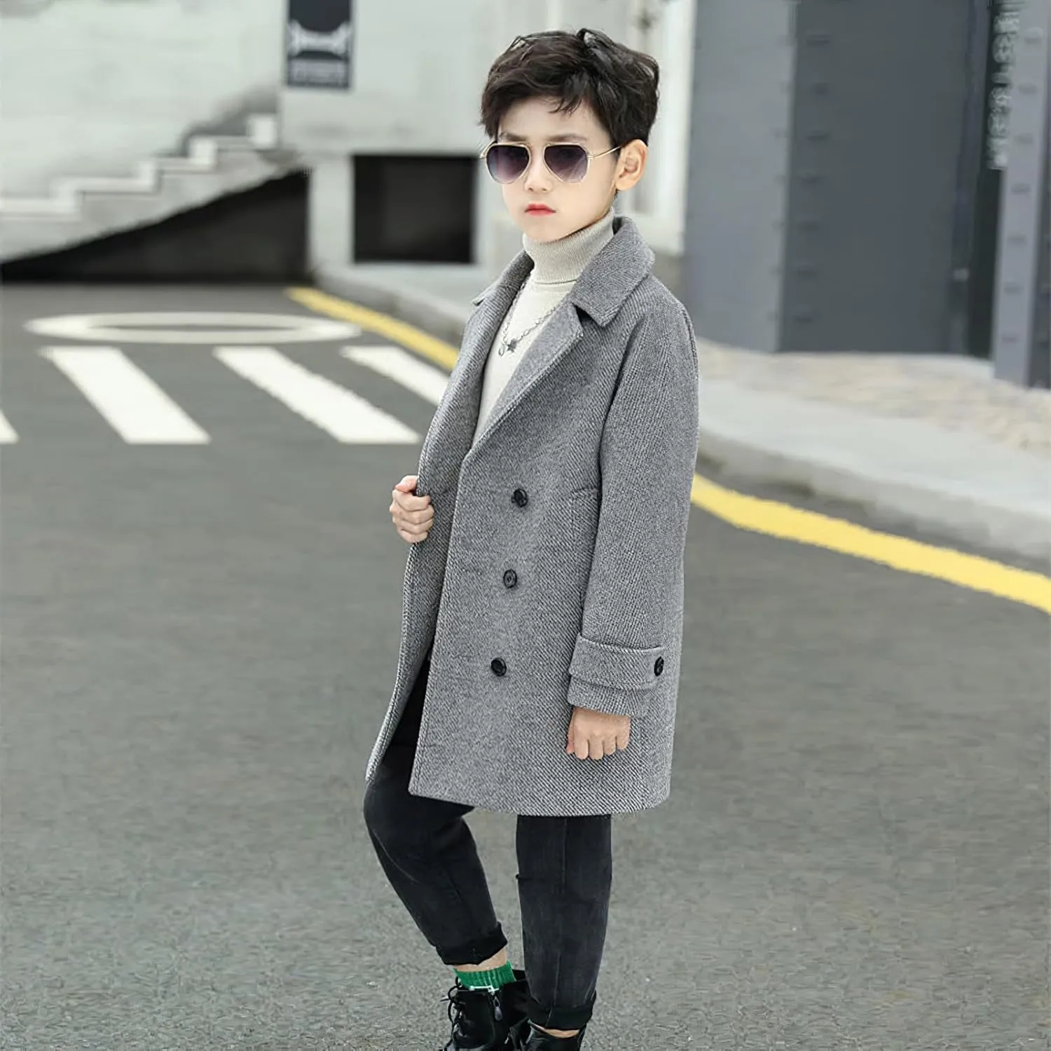 Boys Peacoat Notch Lapel Double Breasted Trench Coat Classic Winter Jacket for 3-10 Years