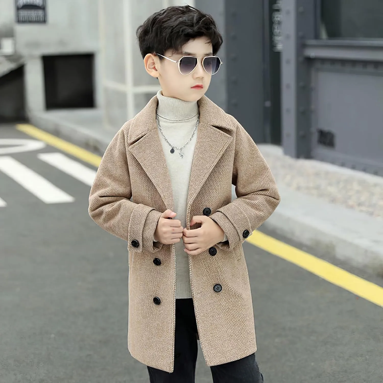 Boys Peacoat Notch Lapel Double Breasted Trench Coat Classic Winter Jacket for 3-10 Years