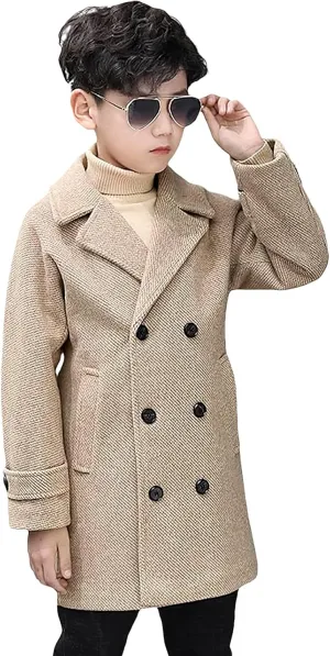 Boys Peacoat Notch Lapel Double Breasted Trench Coat Classic Winter Jacket for 3-10 Years