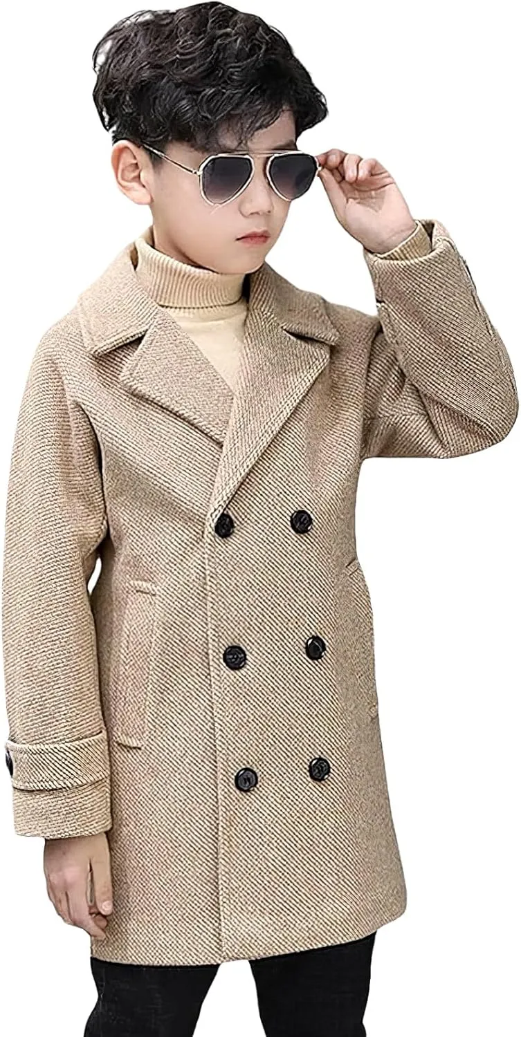 Boys Peacoat Notch Lapel Double Breasted Trench Coat Classic Winter Jacket for 3-10 Years