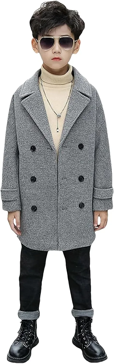 Boys Peacoat Notch Lapel Double Breasted Trench Coat Classic Winter Jacket for 3-10 Years