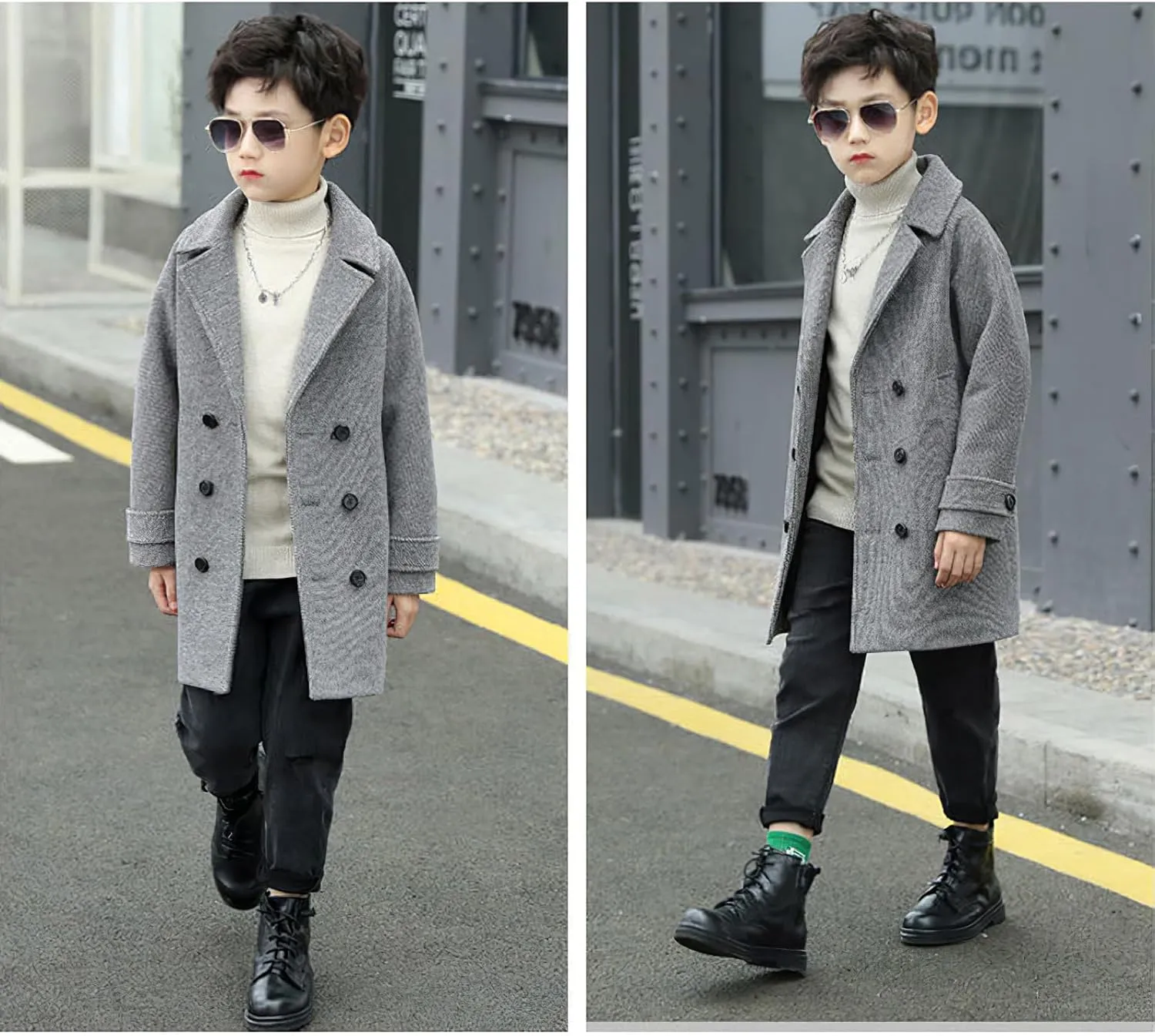 Boys Peacoat Notch Lapel Double Breasted Trench Coat Classic Winter Jacket for 3-10 Years