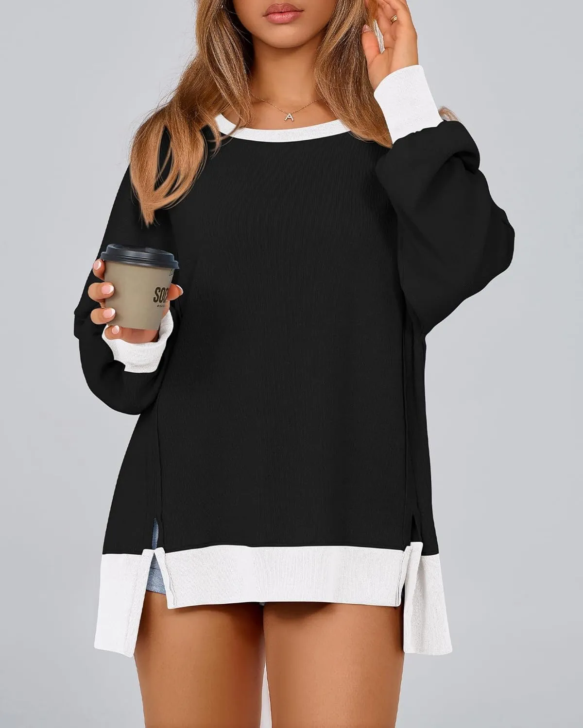 BTFBM Women's Oversized Sweatshirts Casual Long Sleeve Crewneck Side Slit Knit Tops 2024 Fall Loose Pullover Sweatshirt