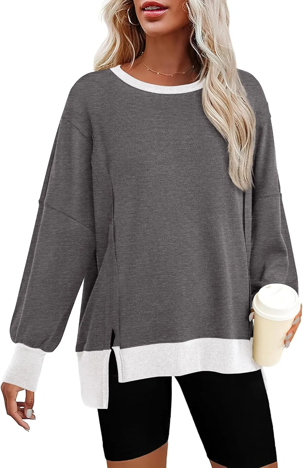 BTFBM Women's Oversized Sweatshirts Casual Long Sleeve Crewneck Side Slit Knit Tops 2024 Fall Loose Pullover Sweatshirt