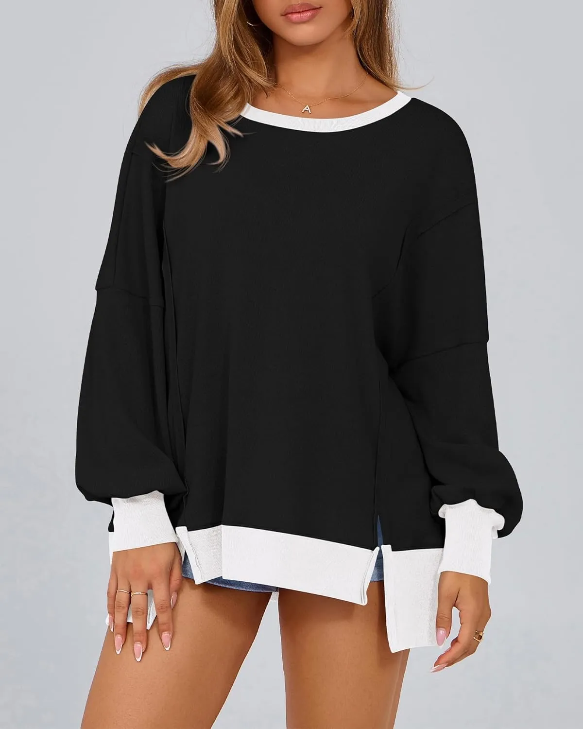 BTFBM Women's Oversized Sweatshirts Casual Long Sleeve Crewneck Side Slit Knit Tops 2024 Fall Loose Pullover Sweatshirt