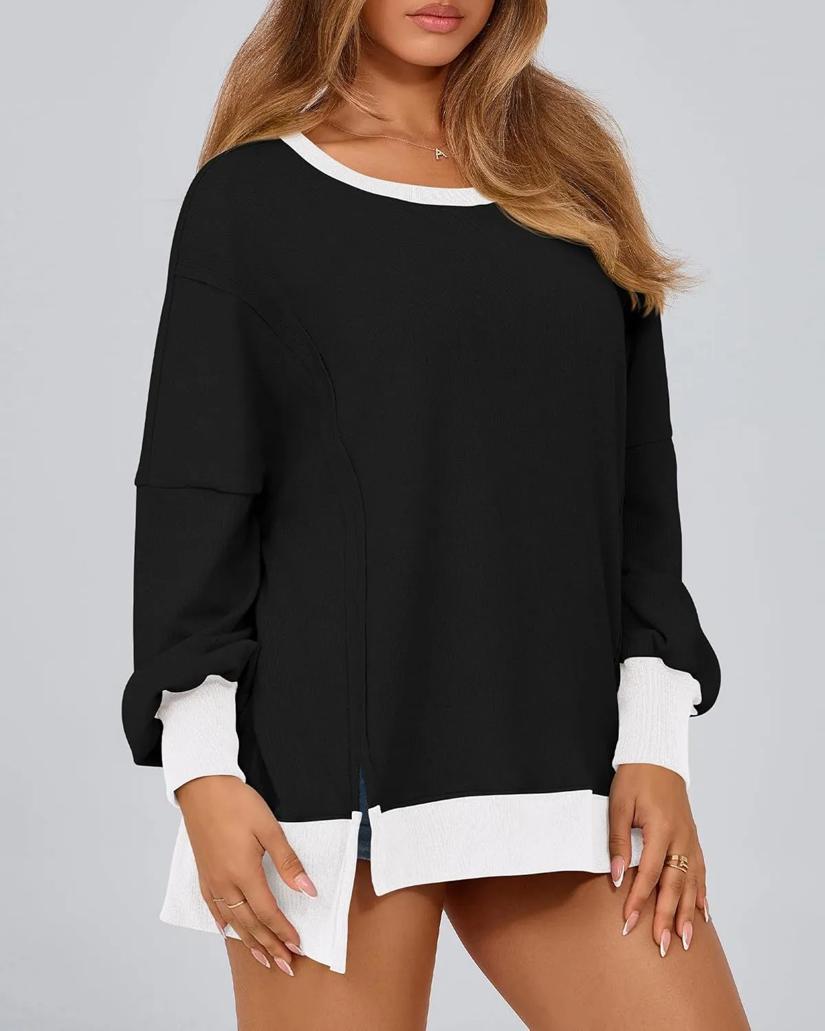 BTFBM Women's Oversized Sweatshirts Casual Long Sleeve Crewneck Side Slit Knit Tops 2024 Fall Loose Pullover Sweatshirt