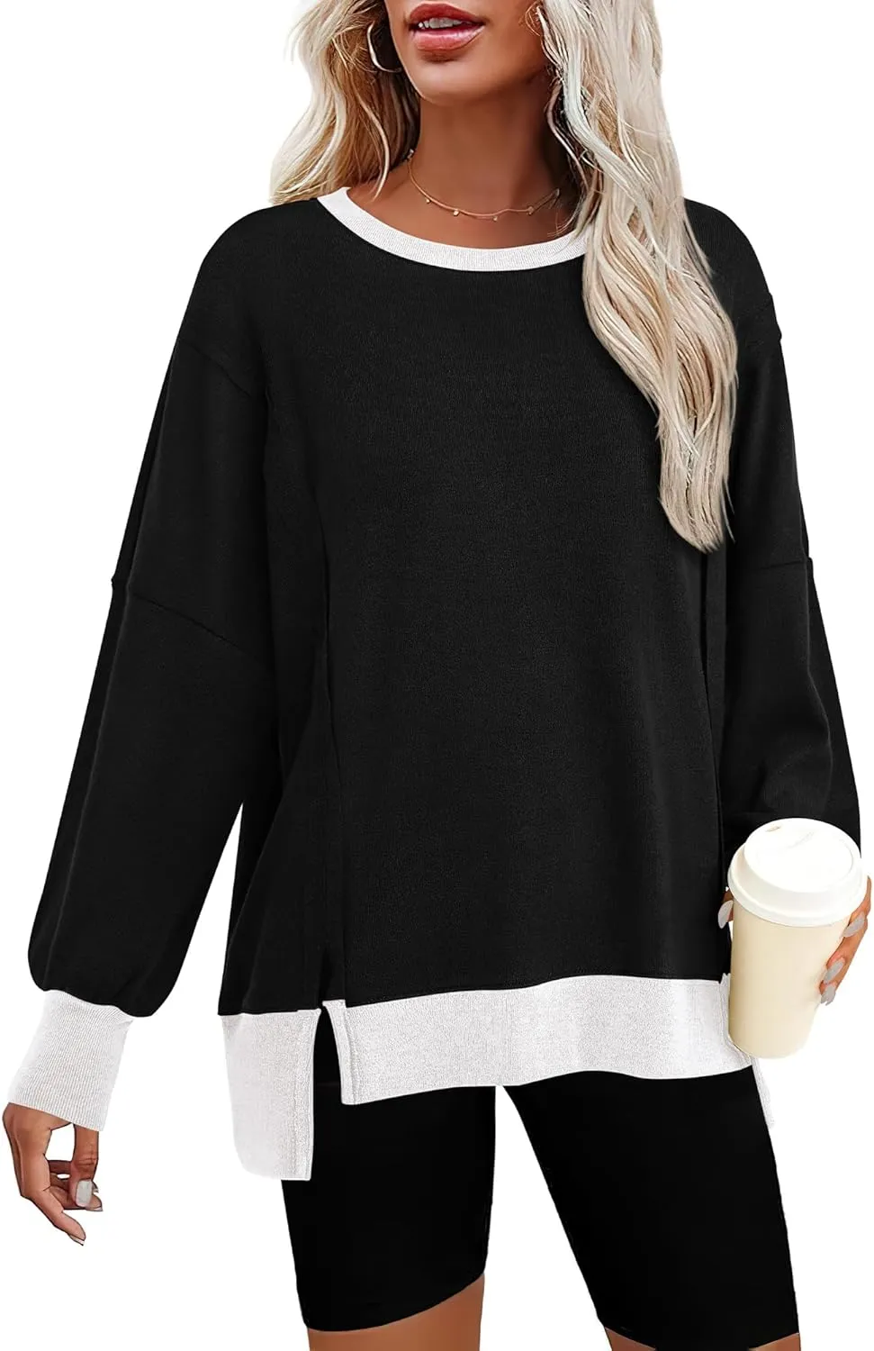 BTFBM Women's Oversized Sweatshirts Casual Long Sleeve Crewneck Side Slit Knit Tops 2024 Fall Loose Pullover Sweatshirt