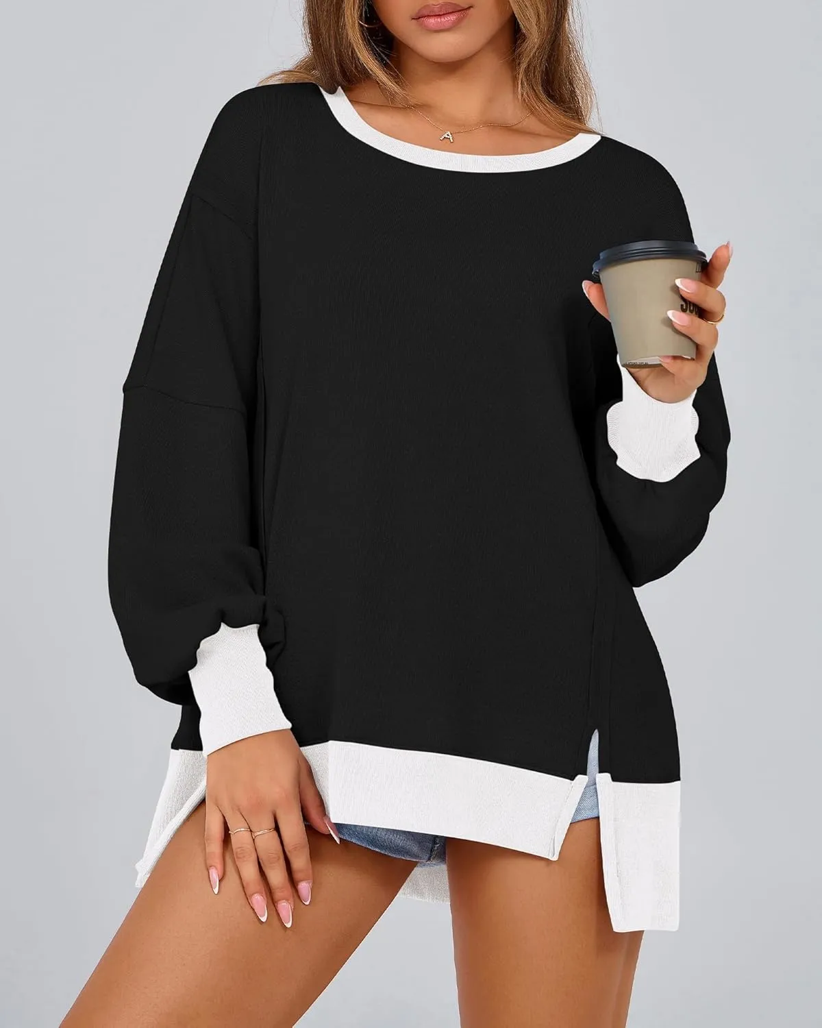 BTFBM Women's Oversized Sweatshirts Casual Long Sleeve Crewneck Side Slit Knit Tops 2024 Fall Loose Pullover Sweatshirt