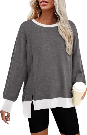 BTFBM Women's Oversized Sweatshirts Casual Long Sleeve Crewneck Side Slit Knit Tops 2024 Fall Loose Pullover Sweatshirt