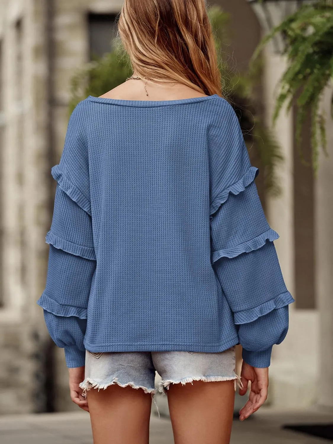 BTFBM Women's V Neck Long Sleeve Blouse Loose Fit Tunics Ruffles Off Shoulder Waffle Knit Solid Color Tops Fall Tee Shirts
