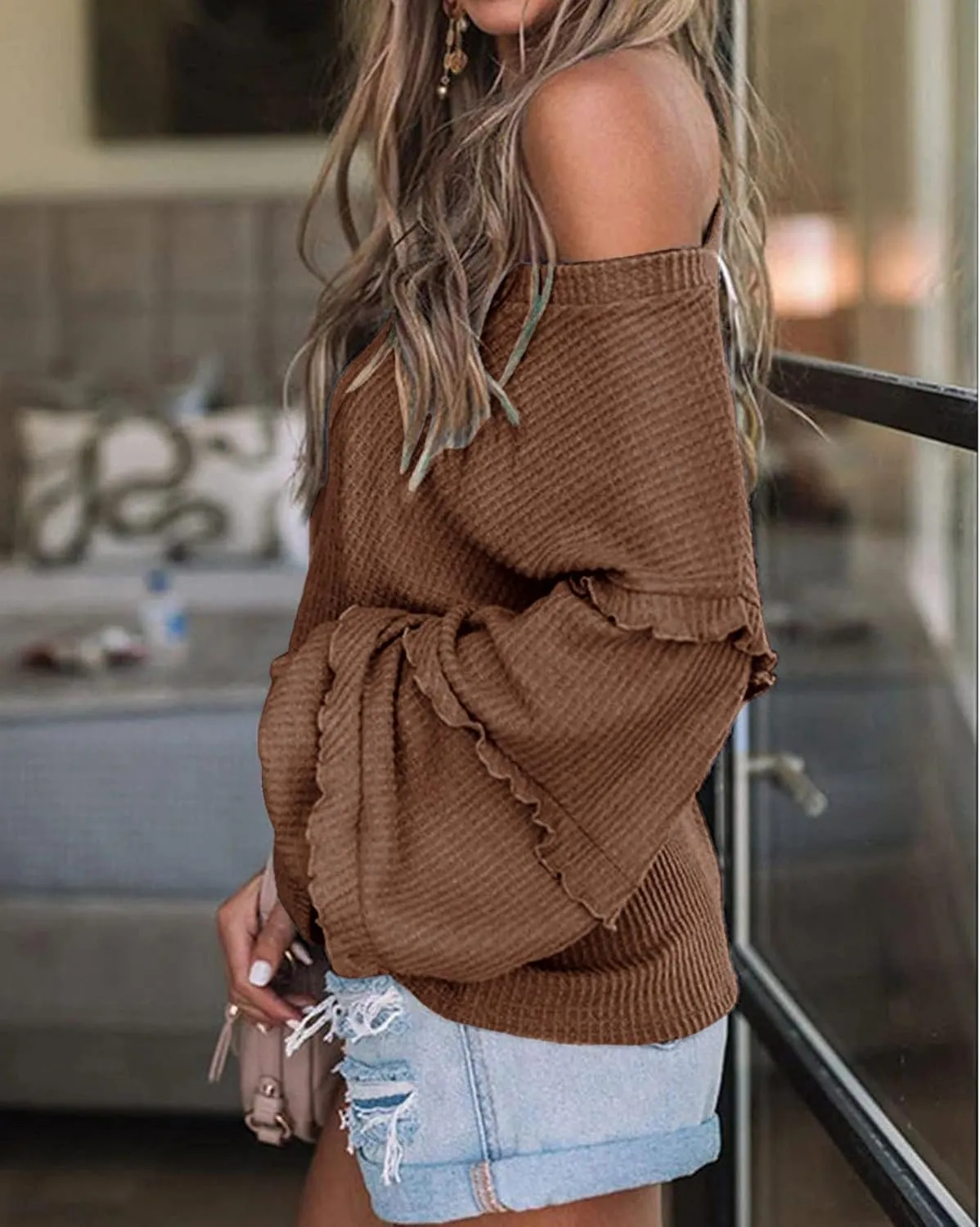 BTFBM Women's V Neck Long Sleeve Blouse Loose Fit Tunics Ruffles Off Shoulder Waffle Knit Solid Color Tops Fall Tee Shirts
