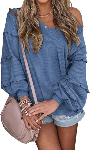 BTFBM Women's V Neck Long Sleeve Blouse Loose Fit Tunics Ruffles Off Shoulder Waffle Knit Solid Color Tops Fall Tee Shirts
