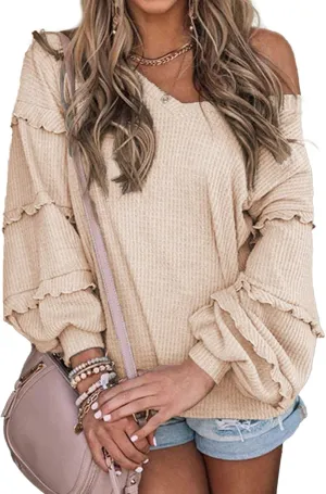 BTFBM Women's V Neck Long Sleeve Blouse Loose Fit Tunics Ruffles Off Shoulder Waffle Knit Solid Color Tops Fall Tee Shirts