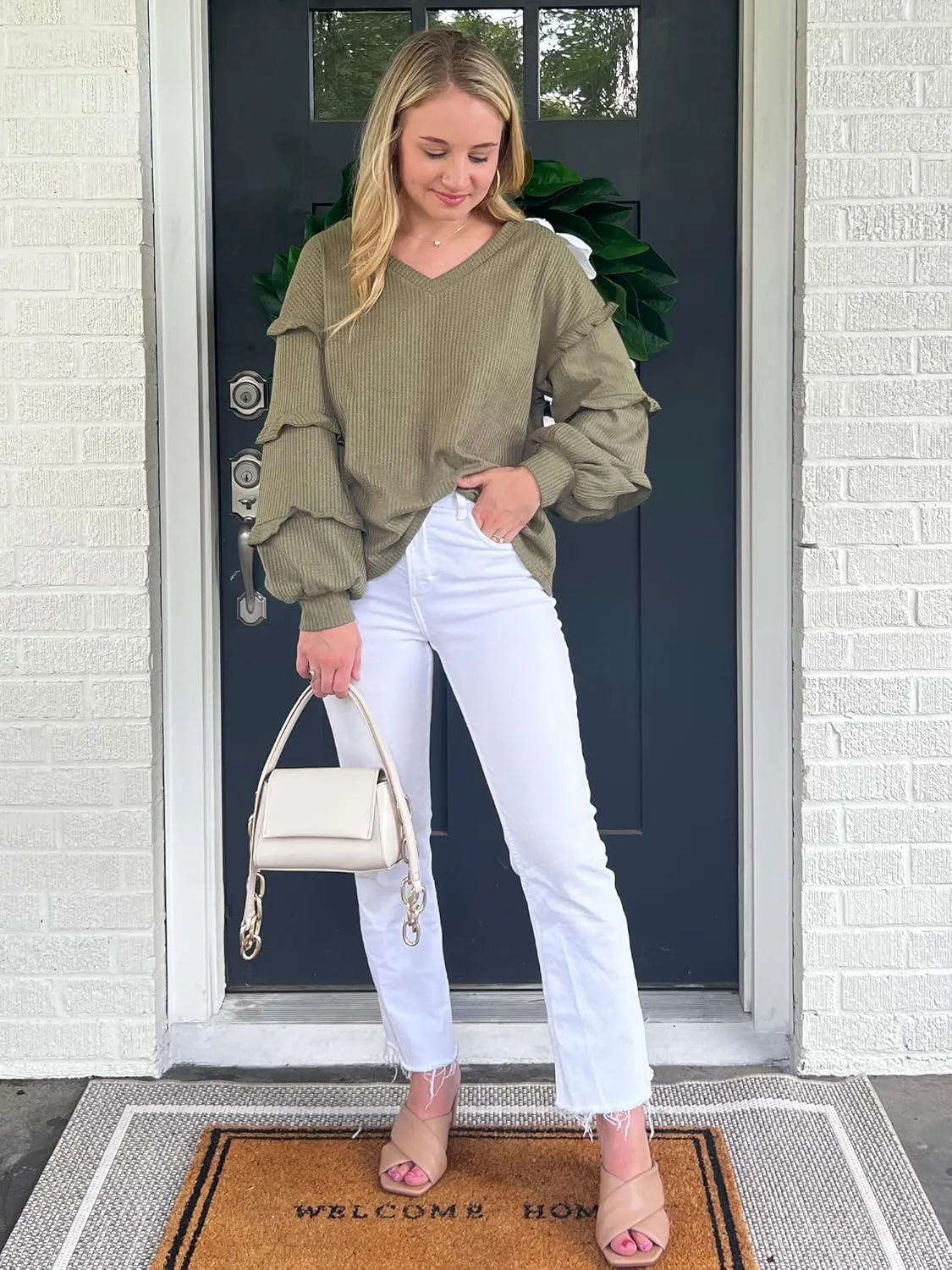 BTFBM Women's V Neck Long Sleeve Blouse Loose Fit Tunics Ruffles Off Shoulder Waffle Knit Solid Color Tops Fall Tee Shirts