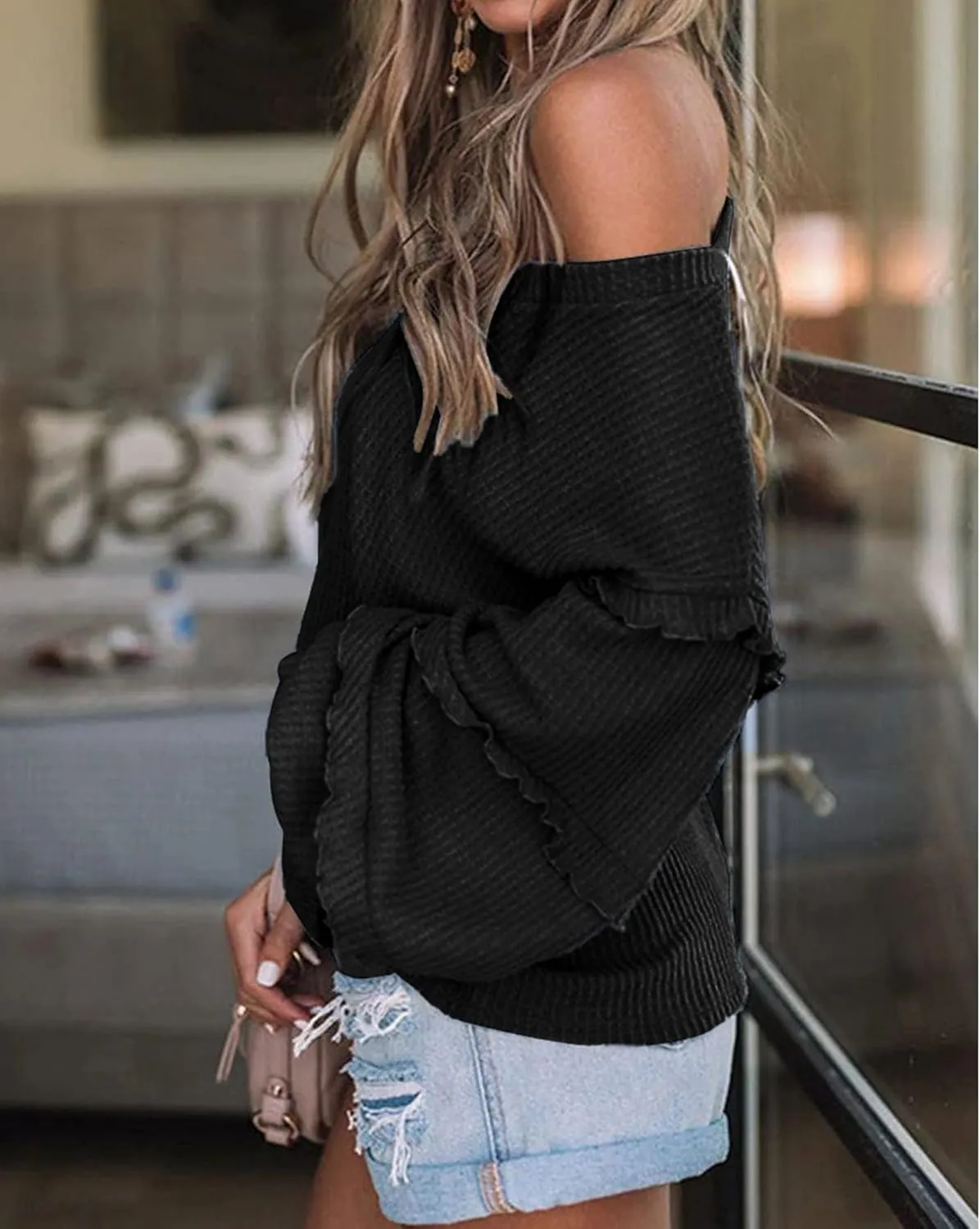 BTFBM Women's V Neck Long Sleeve Blouse Loose Fit Tunics Ruffles Off Shoulder Waffle Knit Solid Color Tops Fall Tee Shirts