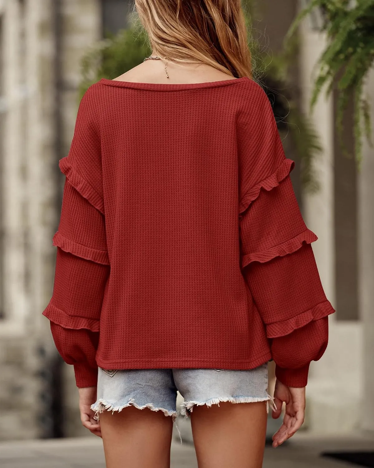 BTFBM Women's V Neck Long Sleeve Blouse Loose Fit Tunics Ruffles Off Shoulder Waffle Knit Solid Color Tops Fall Tee Shirts