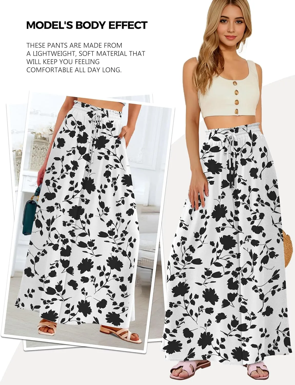 Buauty Women's Wide Leg Pants High Waist Palazzo Pants Boho Flowy Dress Pants 2024 Summer Trendy Casual Lounge Beach Trousers