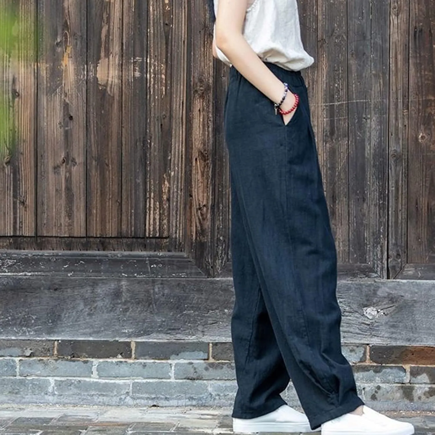 BZGTZT Women Cotton Linen Pants Summer Wide Leg Trousers Elastic High Waist Loose Fit Light Weight Lounge Pants with Pocket
