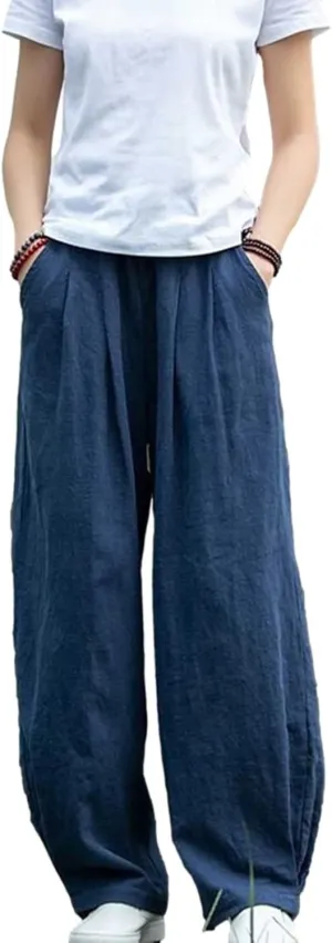 BZGTZT Women Cotton Linen Pants Summer Wide Leg Trousers Elastic High Waist Loose Fit Light Weight Lounge Pants with Pocket