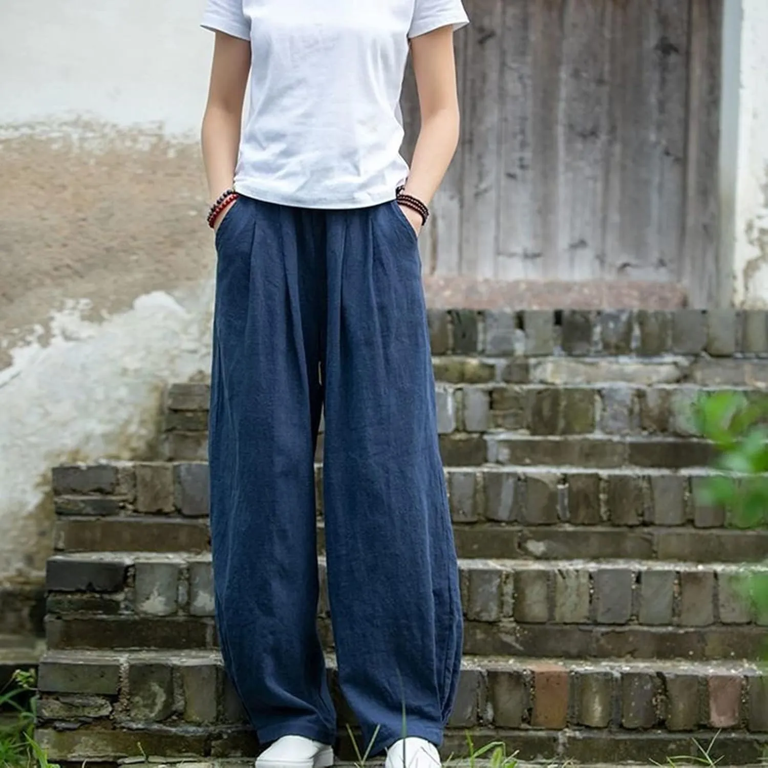 BZGTZT Women Cotton Linen Pants Summer Wide Leg Trousers Elastic High Waist Loose Fit Light Weight Lounge Pants with Pocket
