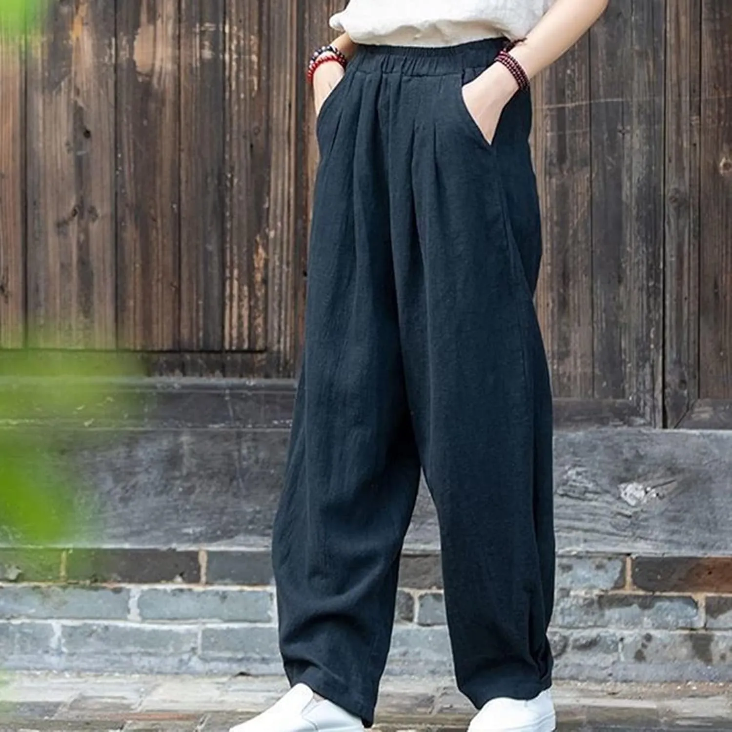 BZGTZT Women Cotton Linen Pants Summer Wide Leg Trousers Elastic High Waist Loose Fit Light Weight Lounge Pants with Pocket