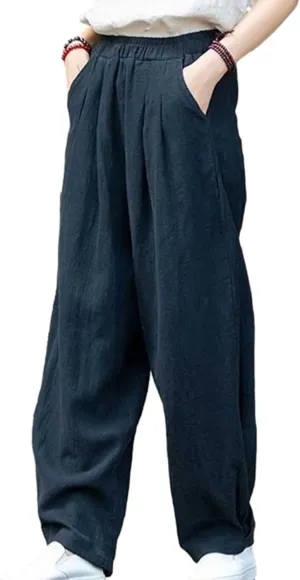 BZGTZT Women Cotton Linen Pants Summer Wide Leg Trousers Elastic High Waist Loose Fit Light Weight Lounge Pants with Pocket